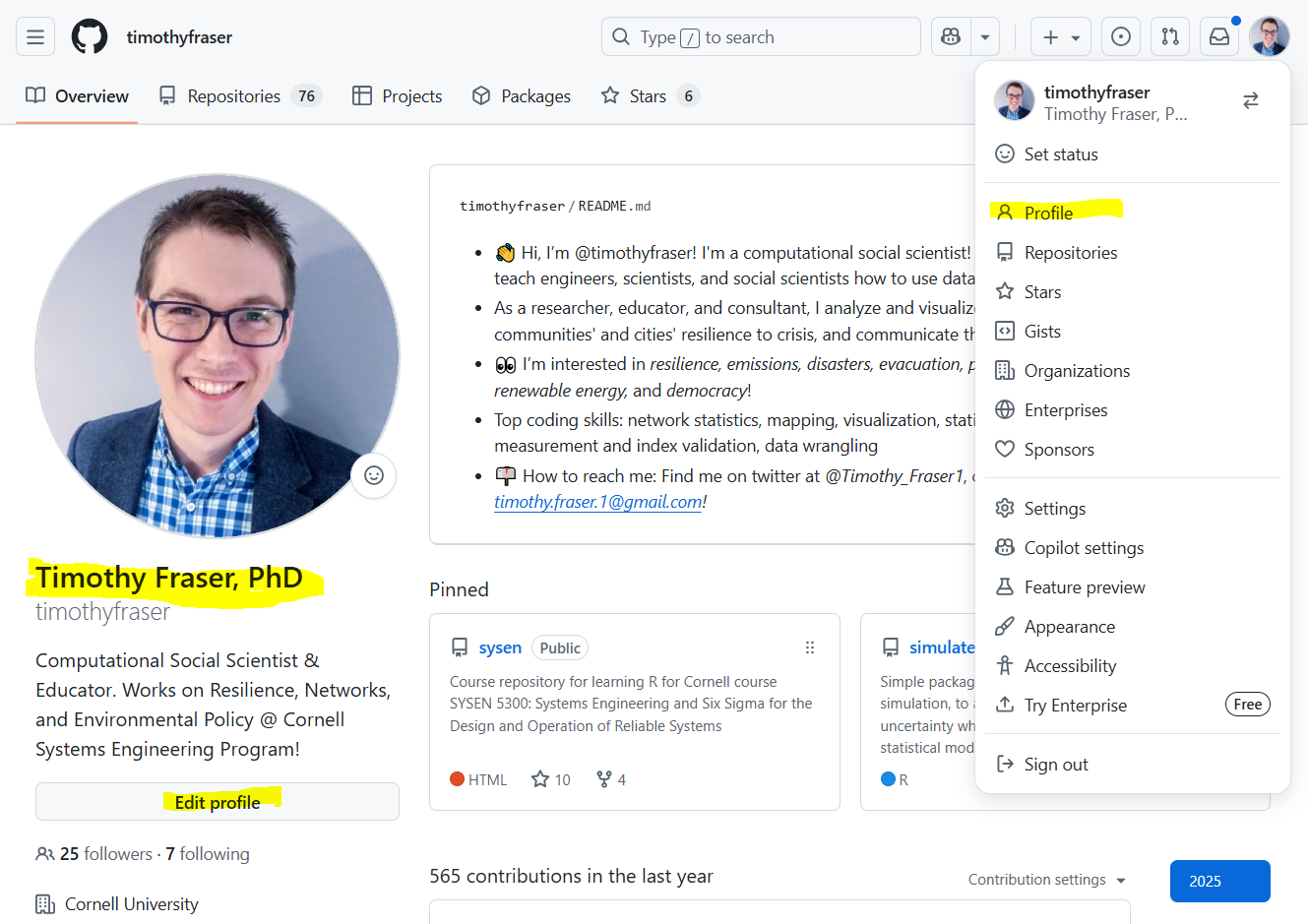 A GitHub profile page with the full name highlighted under the profile picture, and the Profile menu and Edit profile button highlighted