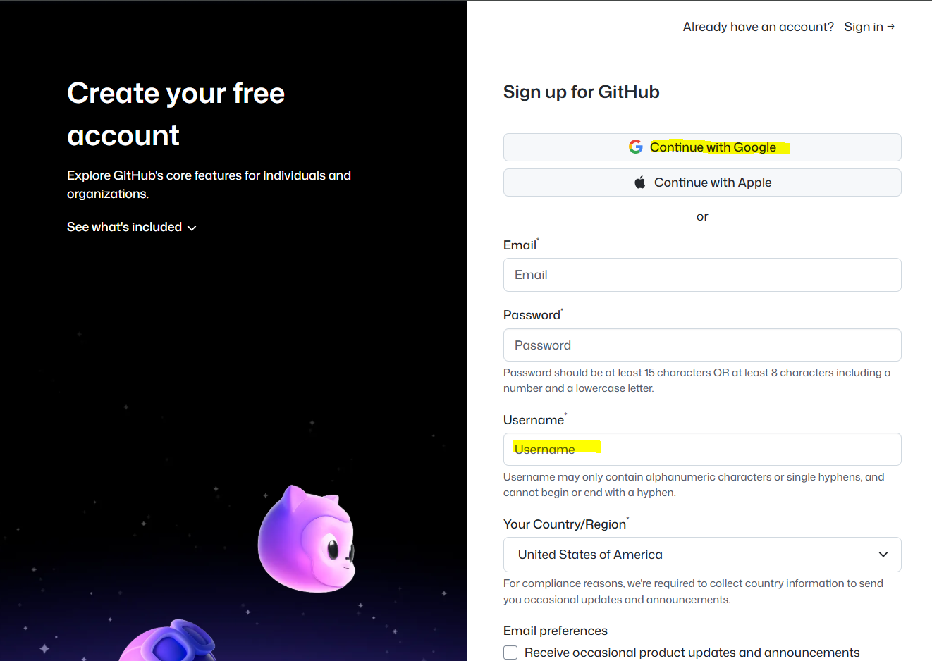 GitHub signup page, with the Continue with Google button and the Username box highlighted