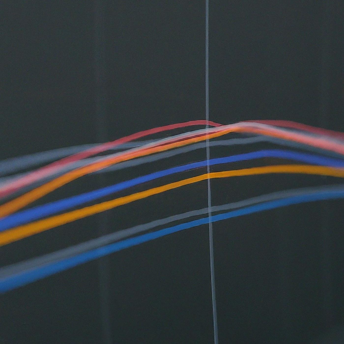A dark painting crossed by pastel red, orange, blue and yellow curves rising and levelling off