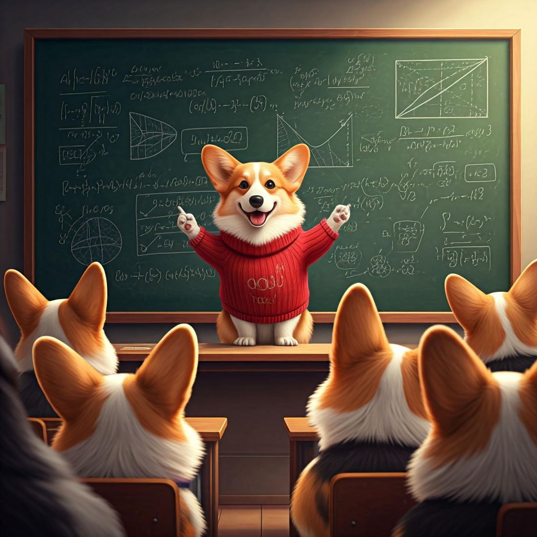 A corgi in a red sweater teaching equations at a chalkboard to a classroom of corgis