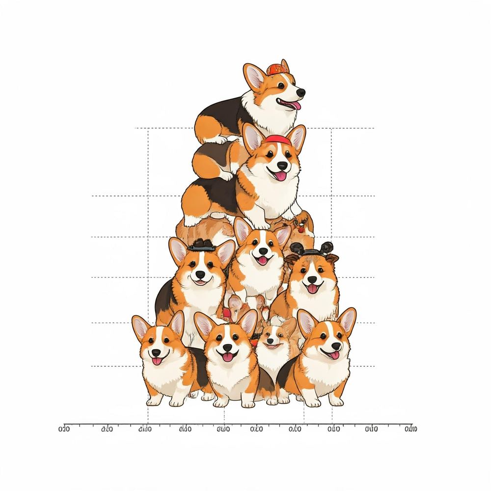 A stack of cartoon corgis piled into a pyramid