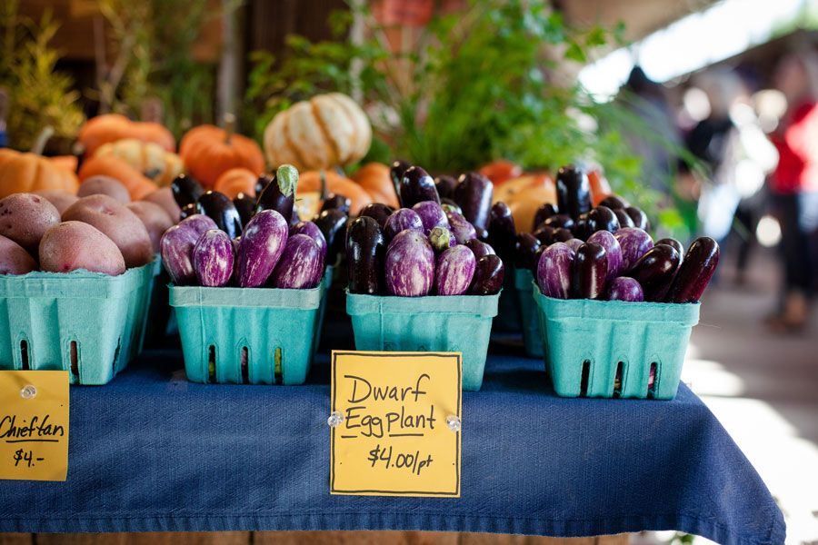 Farmers market stall: pint baskets of purple dwarf eggplant and potatoes on a blue cloth with handwritten price signs