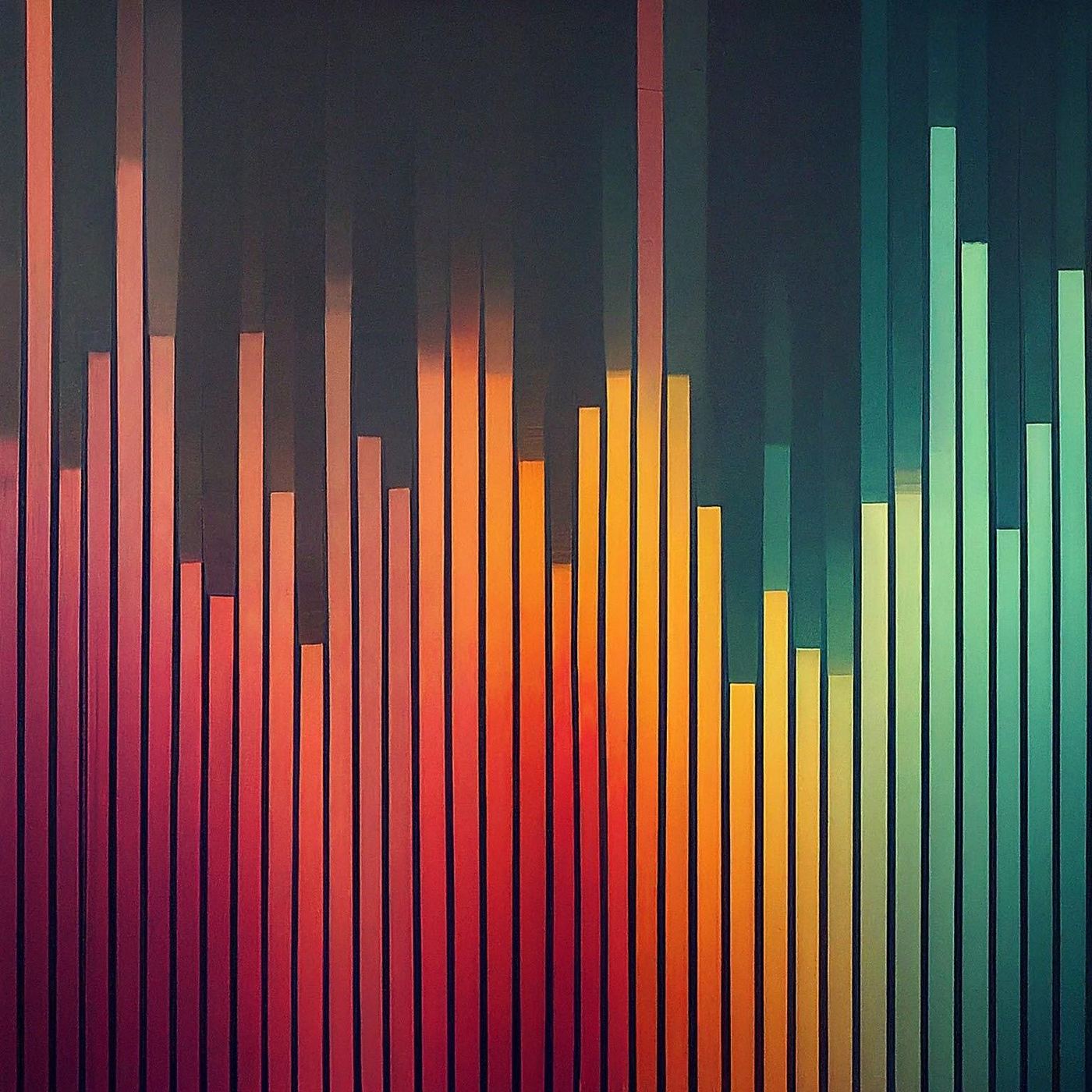 A painting of vertical bars sweeping from red through orange and yellow into teal