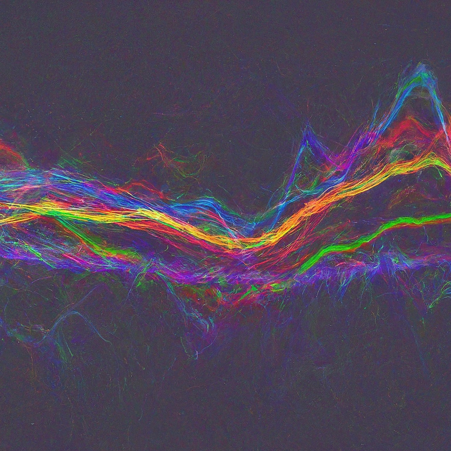 Dense bundles of multicoloured fibres sweeping across a near-black ground